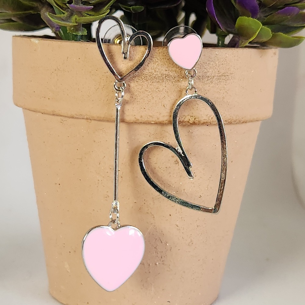 Asymmetrical Pink Heart Drop Earrings Silver Tone Mismatched Enamel Dangle 2.25"